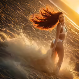a woman in a bikini walking across a beach