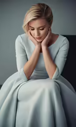 a woman in a blue dress sitting on a black bench