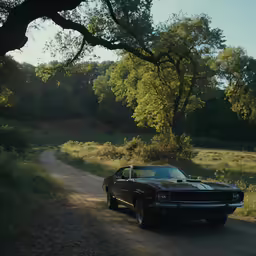 an old muscle car driving on a dirt road