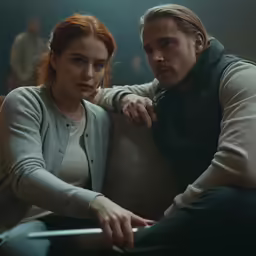 the couple sit on the couch and look into the camera
