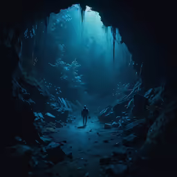 a man standing inside a tunnel in the deep water