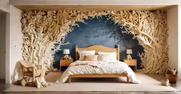 a bedroom with a wood cut out tree wall