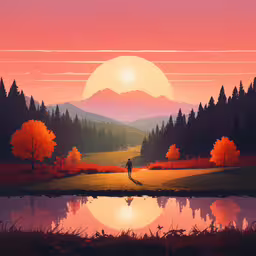 a person walking on a path through a field at sunset,there is an image of a scenic painting of a man in the woods