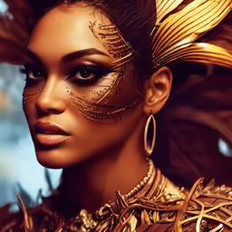 a woman with gold colored jewelry and earrings