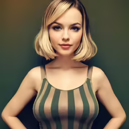 the woman is dressed in striped clothing and her hair is sleek