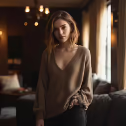the woman is standing in front of a window with her hand on her hips