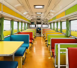 a long bus with colorful tables and chairs,a long empty passenger bus with colorful seats
