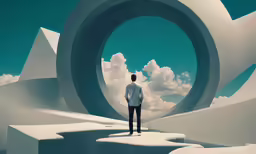 a man standing in a big circle with blue sky