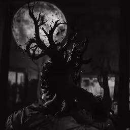 man with head made to look like tree with large moon overhead