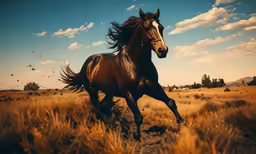 a horse running through a field near a tree