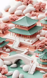3d rendering of chinese architecture and trees and water