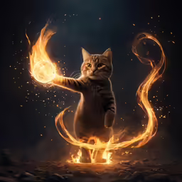 a cat in the fire is standing on one leg with fire flying around its feet