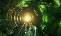 a train track through an illuminated tunnel with green and yellow lights
