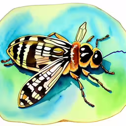 a picture of a bee sitting on a blue bowl,the watercolor painting shows a very large insect with long legs