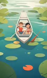 two people sit in a canoe on a lake