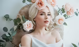 a woman with flowers around her head laying on a chair