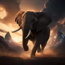 an elephant is walking with mountain in the background
