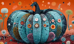 a blue decorative pumpkin surrounded by a sea of different colored flowers