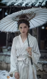 a woman holding an umbrella standing in the snow