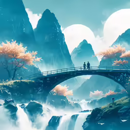 an illustration of a couple walking across a bridge