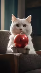 a white cat sitting on top of a chair