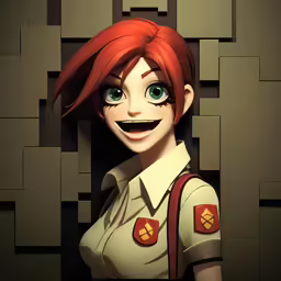 a cartoon character with red hair wearing an uniform