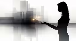 the silhouette of a woman in front of a foggy city
