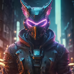 a character with purple neon eyes and an armor in a city