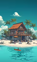 a painting of a house on a beach by water