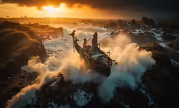 there are two boats on the water at sunset