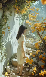 a woman standing in front of yellow flowers