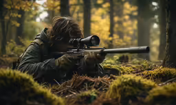 a soldier with long hair and beards is aiming while sitting on the ground in the woods