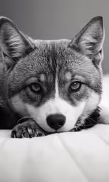 a grey and white photo of a wolf on a couch