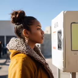 a person with a hair bun standing next to a machine