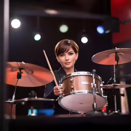 a woman with short hair is playing the drums