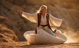 woman in white and brown sitting in sand near desert