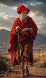 an older woman dressed in red with an old stick