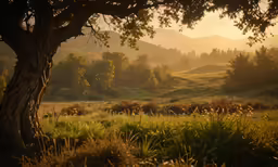 a grassy field under trees, with the sun just above it