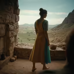 a woman wearing a yellow dress stands looking out over a mountain landscape