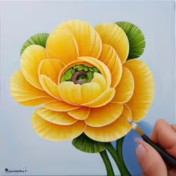 an art piece of a flower painted on a canvas,someone is painting a yellow flower on a canvas,a person with an ink pen is holding up a flower,a painting of a yellow flower in progress with a pair of paintbrushes,painting of yellow flower in progress using green leaves