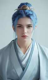 a woman with blue hair and blue eyes poses in her traditional geisha dress