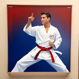 a painting of a man in karate gear pointing