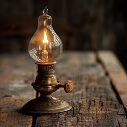 a candle sits on an old fashioned wooden surface,the old fashioned oil lamp is lit on a wooden table