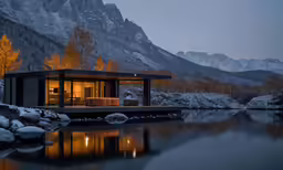 a cabin by a river in the mountains