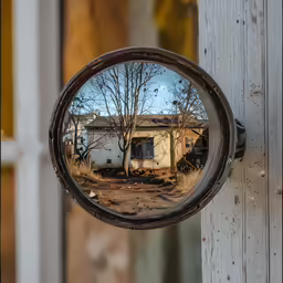 the reflection of a house through a mirror on a door