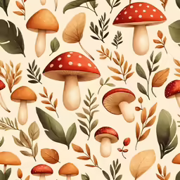 an assortment of mushroom, leaves and flowers