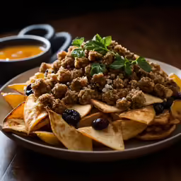 a plate of tortilla chips with meat sauce and sour croutons