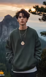 a young man posing for a photograph in front of mountains