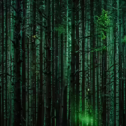 the dark trees and lights in a forest are brightly lit