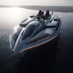 an expensive boat with a jet engine is floating in the water